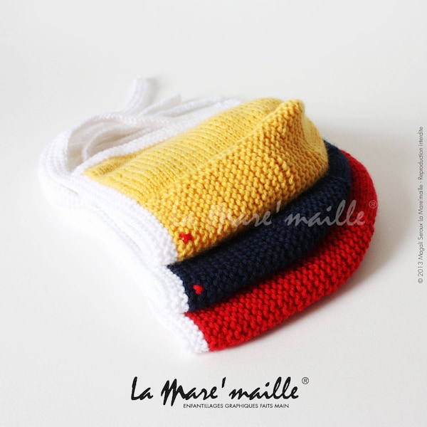 Bonnet béguin bébé laine bleu rouge ou jaune et blanc hommage à la marque Aigle tricot main La Mare'maille