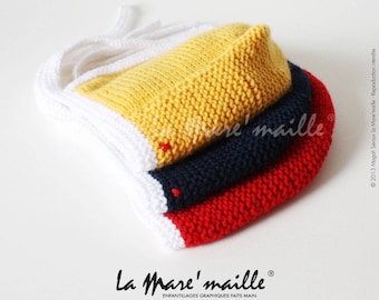 Baby wool crush cap in blue, red or yellow and white, homage to the Aigle brand, hand knitted by La Mare'maille