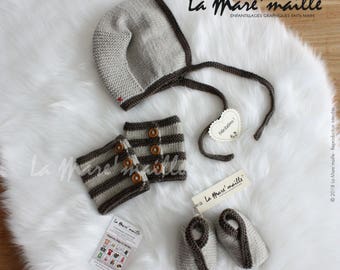 ENSEMBLE chaussons bonnet béguin et guêtres jambières bébé laine marron style bohème tricoté main La Mare'maille