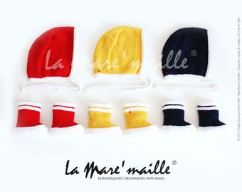 Set Hat crush and slippers rain boots baby wool blue red or yellow and white tribute to the brand Aigle La Mare'maille