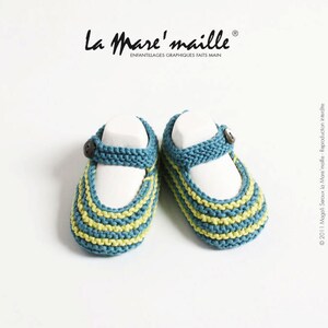 Chaussons bébé tricot rétro en coton BIO ou Oeko-Tex La Mare'maille 8 couleurs au choix Rayé vert et bleu