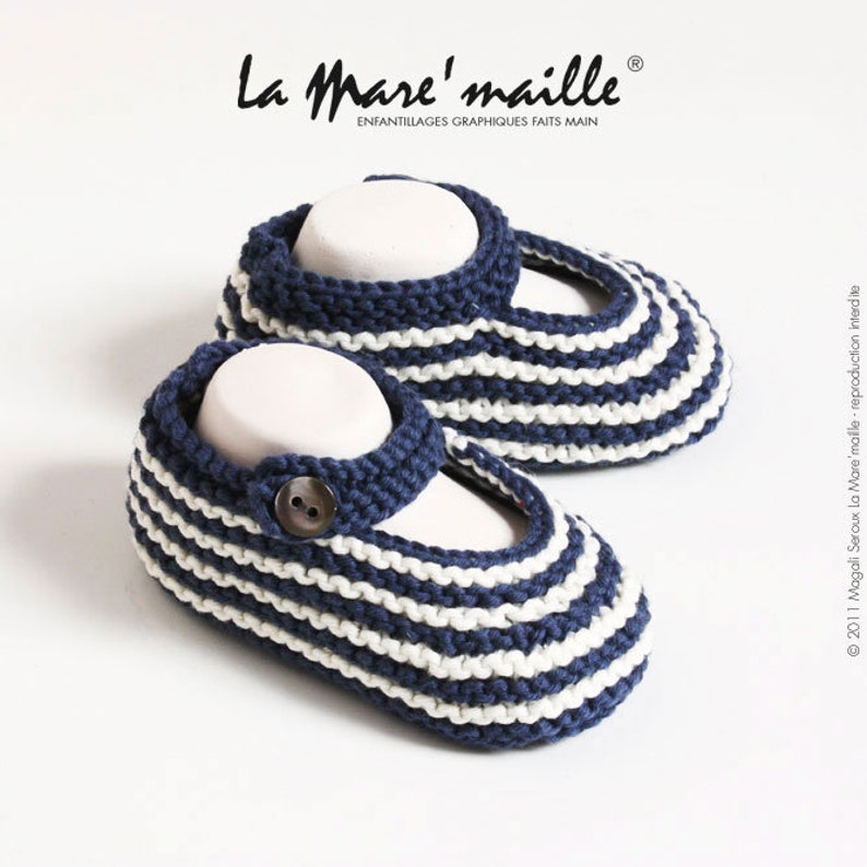 Chaussons bébé tricot rétro en coton BIO ou Oeko-Tex La Mare'maille 8 couleurs au choix Rayé bleu et blanc