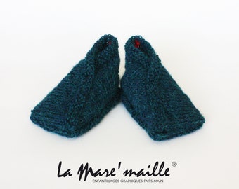 Chaussons bébé laine Alpaga bleu canard tricotés main La Mare'maille