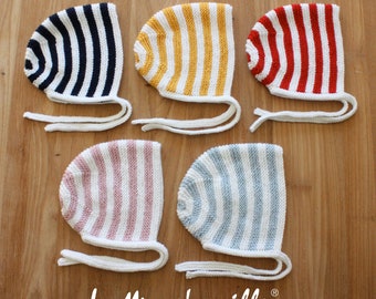 Baby sailor's crush hat striped in blue, yellow, red, pink or sky blue and white, hand knitted by La Mare'maille