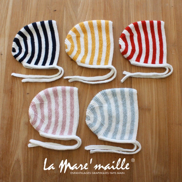 Bonnet béguin bébé marinière rayé bleu, jaune, rouge, rose ou bleu ciel et blanc tricotés main La Mare'maille