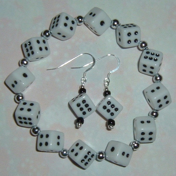 Dice Jewelry Set - Bracelet and Earrings - White Dice Beads - Bunco / Bunko, Casino / Poker party gift - Gift Box - Gamers