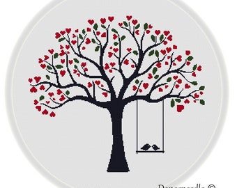 INSTANT DOWNLOAD,Free shippingCounted Cross-Stitch PDF,Love birds kiss on heart tree,valentine's day, wedding,zxxc210102