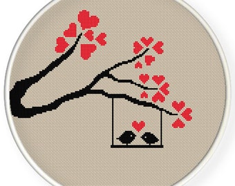 DESCARGA INSTANTE, Envío gratis PDF de punto de cruz contado, Pájaros del amor se besan en el árbol del corazón, día de San Valentín, boda, zxxc0645