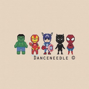 Instant Download,Cross stitch pattern,Marvel doll cross stitch ,pixel,Black panther,Iron Man,Hulk,Spider-Man,Captain America,zxxc-pi07