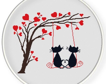 INSTANT DOWNLOAD,Free shippingCounted Cross-Stitch PDF,Love cats and hearts tree,valentine's day, wedding,zxxc0604