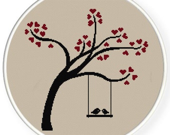 DESCARGA INSTANTE, Envío gratis PDF de punto de cruz contado, Pájaros del amor se besan en el árbol del corazón, día de San Valentín, boda, zxxc0450