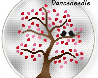 INSTANT DOWNLOAD,cross stitch pdf, for couples ,valentine's day, wedding gift ,love birds heart tree,tree in four seasons,spring,zxxc0814