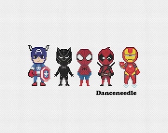 Instant Download,Cross stitch pattern,Marvel doll cross stitch ,pixel,Black panther,Iron Man,deadpool,Spider-Man,Captain America,zxxc-pi08