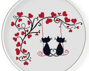 INSTANT DOWNLOAD,Free shippingCounted Cross-Stitch PDF,Love cats and hearts tree,valentine's day, wedding gift,zxxc0657