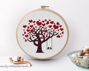 INSTANT DOWNLOAD,Free shippingCounted Cross-Stitch PDF,family tree, birds kiss on heart tree,valentine's day,wedding,zxxc21020402