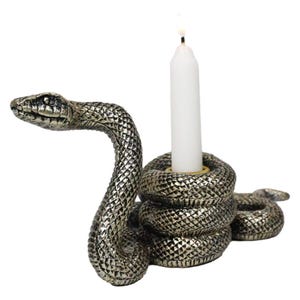 K&ouml;nnte beinhalten: Ein silberfarbener, schlangenf&ouml;rmiger Kerzenhalter mit einer wei&szlig;en Kerze. Der K&ouml;rper der Schlange ist gewunden und ihr Kopf ist erhoben. Die Kerze ist angez&uuml;ndet, mit einer kleinen Flamme an der Spitze. Der Kerzenhalter ist aus Metall.