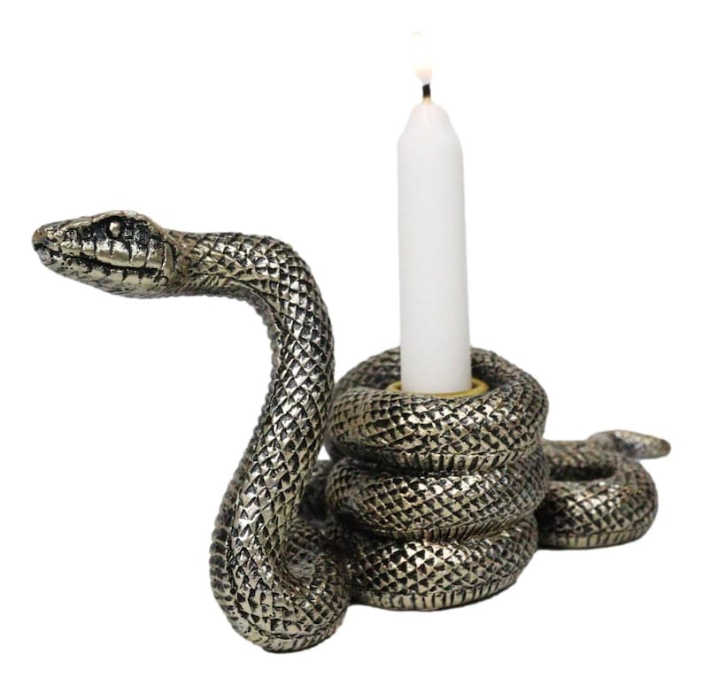 K&ouml;nnte beinhalten: Ein silberfarbener, schlangenf&ouml;rmiger Kerzenhalter mit einer wei&szlig;en Kerze. Der K&ouml;rper der Schlange ist gewunden und ihr Kopf ist erhoben. Die Kerze ist angez&uuml;ndet, mit einer kleinen Flamme an der Spitze. Der Kerzenhalter ist aus Metall.