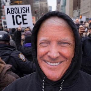 May include: A person wearing a face mask with a smiling face, and a black hooded sweatshirt. A sign in the background reads "ABOLISH ICE". The image is taken outdoors with a crowd of people.