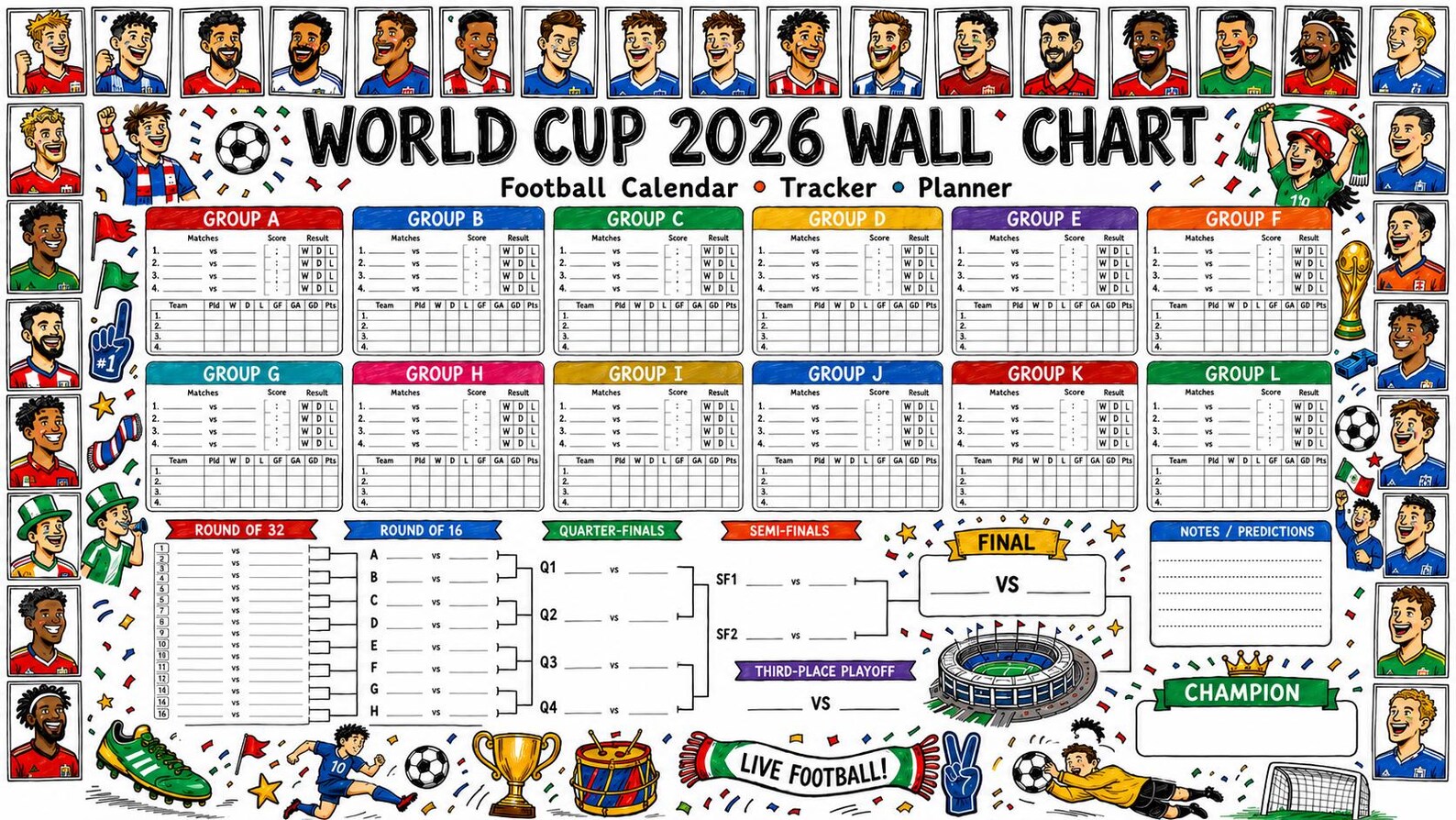World Cup 2026 Wall Chart Poster, A1 Football Calendar Tracker Planner