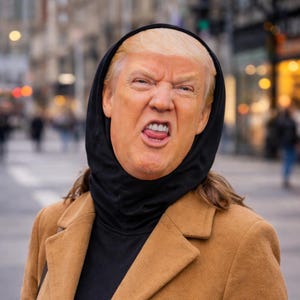 May include: A person wearing a realistic Donald Trump mask with a black hood and a tan coat. The person is sticking their tongue out and making a face. The background is blurred, suggesting an outdoor setting.