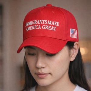 Può includere: Un cappellino da baseball rosso con la scritta "IMMIGRANTS MAKE AMERICA GREAT" ricamata in bianco. Il cappellino presenta una piccola bandiera americana sul lato.
