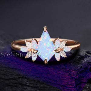 Unique vintage kite cut white opal engagement ring 14k rose gold marquise cut Opal ring women moissanite anniversary ring gift for her