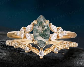 Handmade Nature Moss Agate Engagement Ring for Women Unique Vintage Birthstone Ring Twig Leaf Ring Nature Inspired Gift for Wife