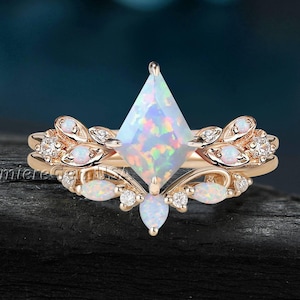 Vintage kite cut white opal engagement ring set 14k rose gold marquise cut opal unique ring women moissanite anniversary ring set gift