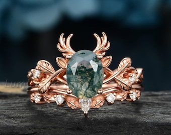 Moss Agate Deer Engagement Ring, Rose Gold Antler Leaf Vine Ring, Nature Inspired Moss Agate Ring, Unique Jewelry for Women,Anniversary Gift