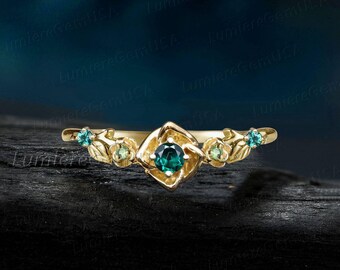 Emerald & Alexandrite Ring: Yellow Gold Leaf Engagement Ring