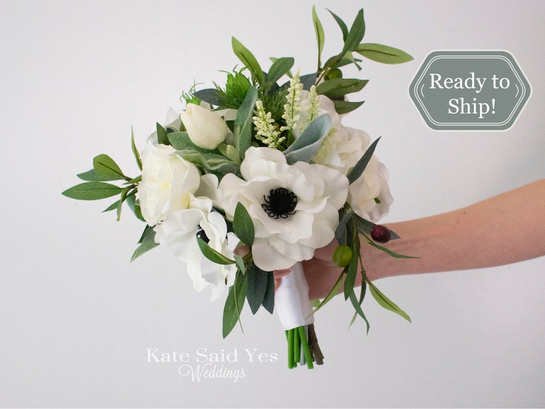 READY TO SHIP Rustic Greenery Wedding Bouquet with Silk Anemones Wildflowers Roses and Eucalyptus