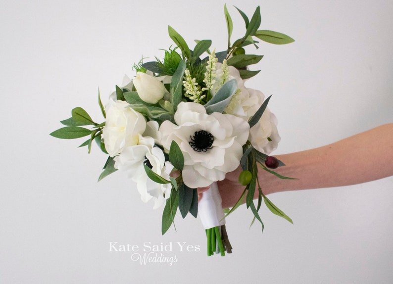 READY TO SHIP Rustic Greenery Wedding Bouquet with Silk Anemones Wildflowers Roses and Eucalyptus