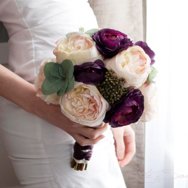 Cream Blush and Plum Purple Garden Rose and Ranunculus Wedding Bouquet - Ready To Ship