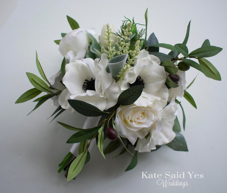 READY TO SHIP Rustic Greenery Wedding Bouquet with Silk Anemones Wildflowers Roses and Eucalyptus