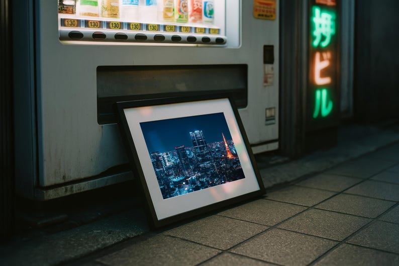 May include: A framed photograph of a nighttime cityscape, featuring illuminated skyscrapers and a prominent red tower. The photograph is leaning against a vending machine on a tiled surface, with a neon sign in the background.