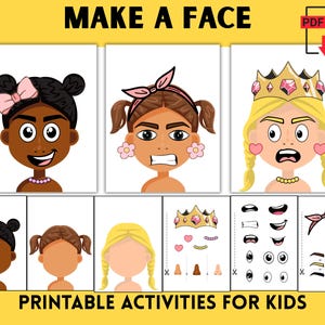 Printable Girl Faces Craft, Cut And Paste DIY Activity With Face Parts & Accessories For Fun Kids Art And Creative Play, Instant Download