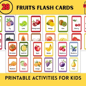 28 Fruits Flashcards for Kids, Montessori Flashcards, Preschool Education, Watercolor Fruits, Printable Fruit Flashcards, PDF