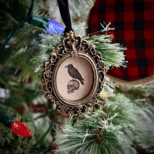 May include: Ornate, antique-style Christmas ornament with a black raven perched atop a skull inside an oval frame. The frame is bronze-colored and has intricate detailing. A black ribbon is attached for hanging. The ornament is displayed on a Christmas tree.