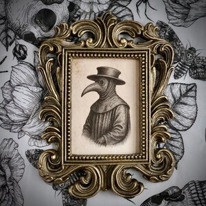 May include: A framed print featuring a detailed illustration of a plague doctor in a hat and mask. The print is set within an ornate, gold-colored frame. The background is a floral wallpaper in black and white.