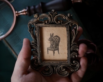 Baroque Rabbit on Victorian Chair Mini Portrait in Vintage Style Frame – Gothic Cottagecore Decor, Dark Academia Art, Oddity and Curiosity