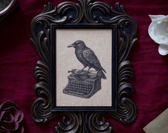 Portrait baroque corbeau/corbeau dans un cadre de style vintage - décoration cottagecore gothique, oeuvre d'art académique sombre, bizarrerie d'inspiration victorienne