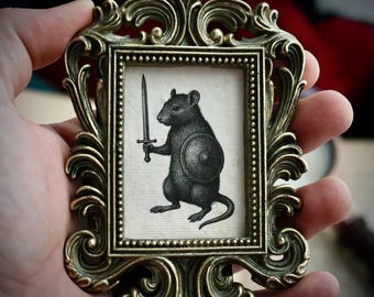 Mouse with Sword & Shield Baroque Mini Vintage Style Frame – Gothic Cottagecore Decor, Dark Academia Artwork, Victorian Inspired Oddity