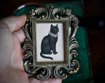 Baroque Cat Mini Portrait in Vintage Style Frame – Gothic Cottagecore, Dark Academia Art, Victorian Inspired Oddity, Whimsical Decor