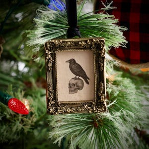 May include: Ornate, antique-style Christmas ornament featuring a framed image of a raven perched atop a skull. The frame is gold-toned with intricate detailing, and the image has a vintage aesthetic. The ornament hangs from a black ribbon.