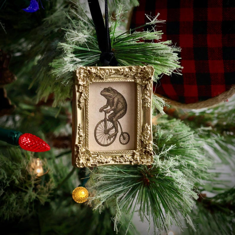 May include: A gold-colored framed ornament with a black velvet ribbon. The ornament features a sepia-toned image of a frog riding a penny-farthing bicycle. The ornament is hanging on a Christmas tree with green needles and red and yellow lights.