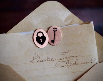 Patina Copper Lock and Key Earrings: Mismatched Gothic Jewelry