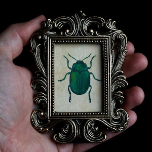 Puede incluir: Un pequeño marco rectangular con un borde de metal de color bronce oscuro adornado con intrincados adornos. Dentro del marco hay un fondo de color claro que muestra una pintura detallada de un escarabajo verde brillante con seis patas.
