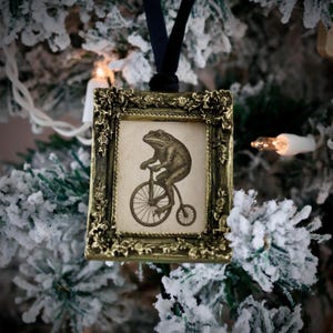 May include: A vintage-style Christmas ornament featuring a framed illustration of a frog riding a penny-farthing bicycle. The frame is ornate with a gold finish, and the ornament hangs from a black ribbon. The background is a snow-covered Christmas tree.