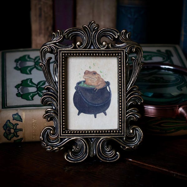Sapo barroco en caldero, mini retrato de acuarela, marco de estilo vintage: decoración gótica cottagecore, academia oscura, rareza de inspiración victoriana.
