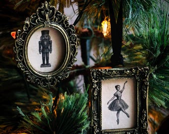 Vintage Style Nutcracker and Ballerina Ornament in Baroque Frame | Unique Christmas Decoration | Whimsical Gothic Gift | Creepmas & Gothmas